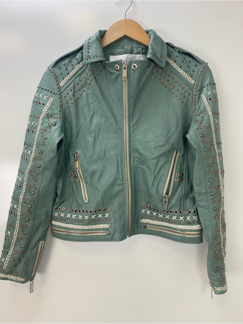 Doma Mint Green Studded Leather Jacket